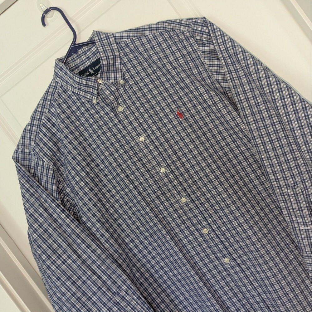 Ralph Lauren Mens L 16.5 Classic Fit Plaid Button Down Shirt Blue White Red Pony